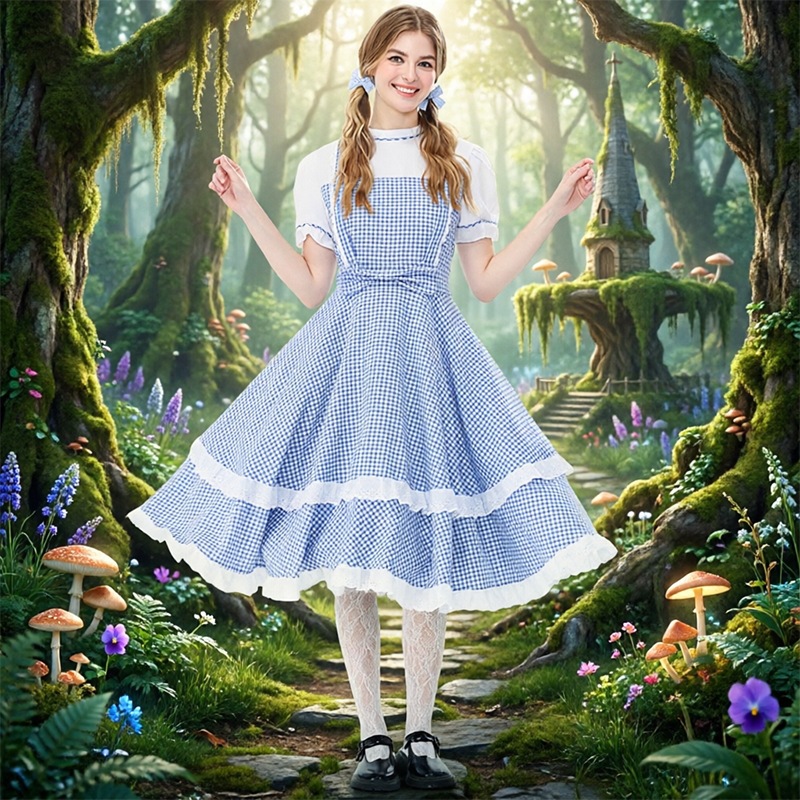 Retro Dorothy cosplay blue and white checkered faux two-piece dress, full skirt, Halloween costume, Guangzhou