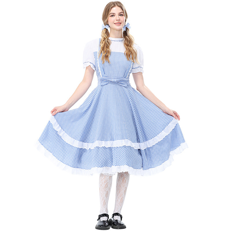 Retro Dorothy cosplay blue and white checkered faux two-piece dress, full skirt, Halloween costume, Guangzhou