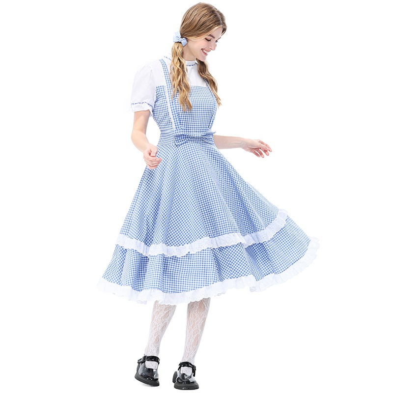 Retro Dorothy cosplay blue and white checkered faux two-piece dress, full skirt, Halloween costume, Guangzhou
