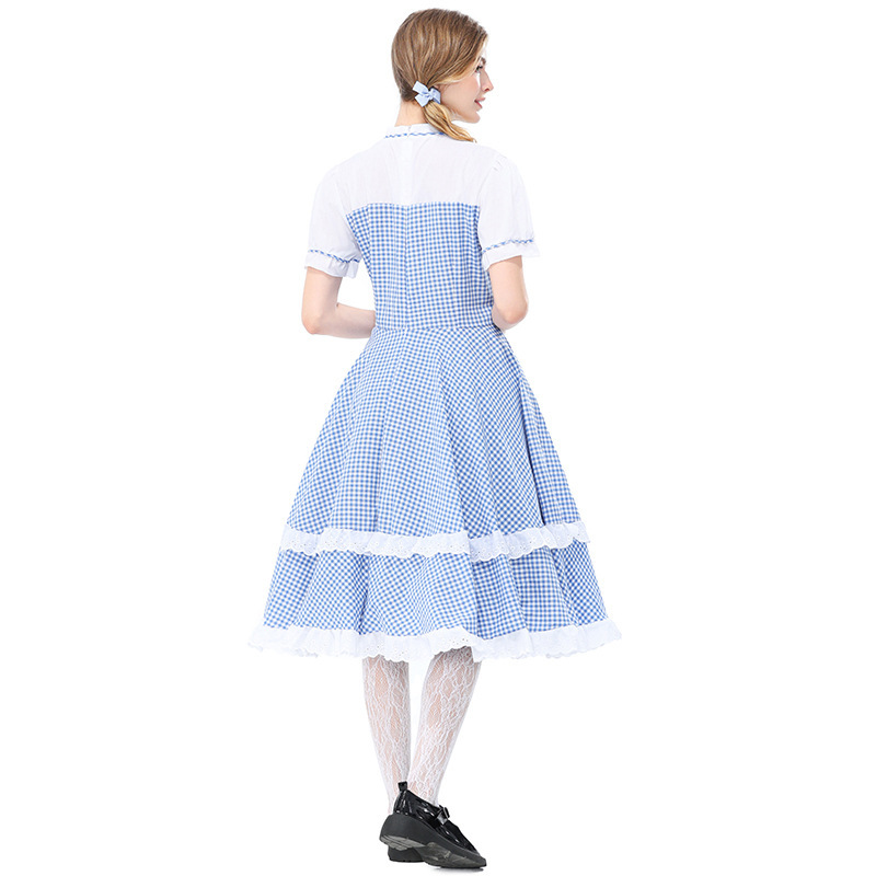 Retro Dorothy cosplay blue and white checkered faux two-piece dress, full skirt, Halloween costume, Guangzhou