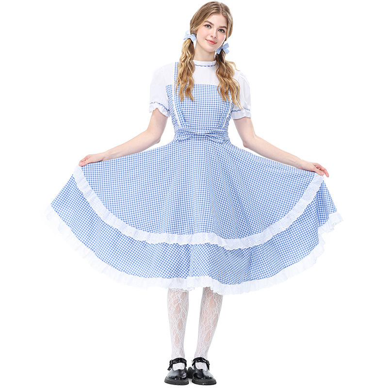 Retro Dorothy cosplay blue and white checkered faux two-piece dress, full skirt, Halloween costume, Guangzhou