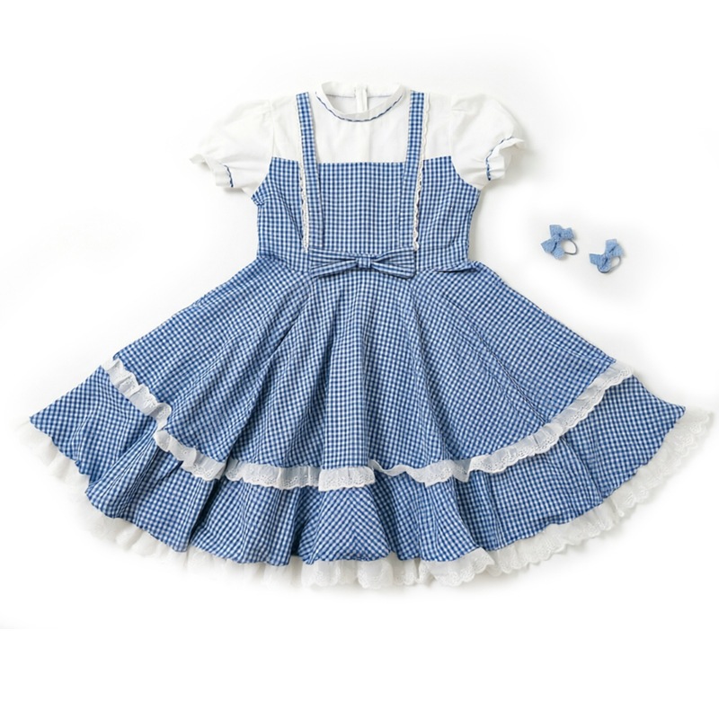 Retro Dorothy cosplay blue and white checkered faux two-piece dress, full skirt, Halloween costume, Guangzhou