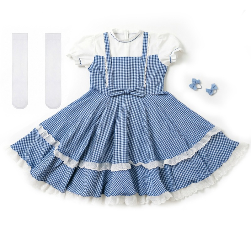 Retro Dorothy cosplay blue and white checkered faux two-piece dress, full skirt, Halloween costume, Guangzhou