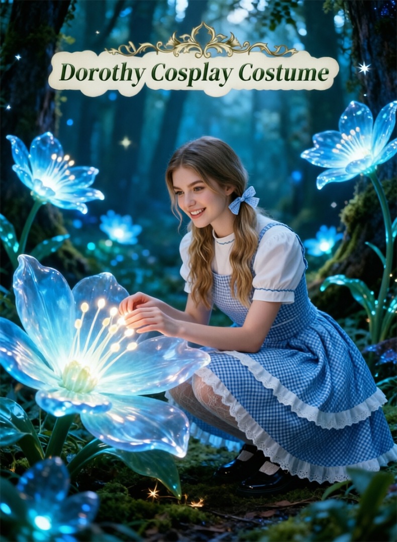 Retro Dorothy cosplay blue and white checkered faux two-piece dress, full skirt, Halloween costume, Guangzhou
