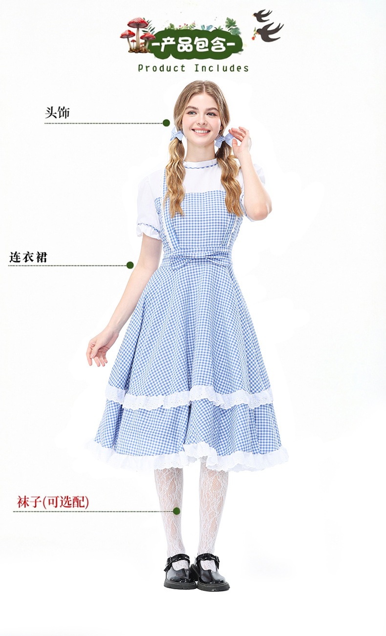 Retro Dorothy cosplay blue and white checkered faux two-piece dress, full skirt, Halloween costume, Guangzhou