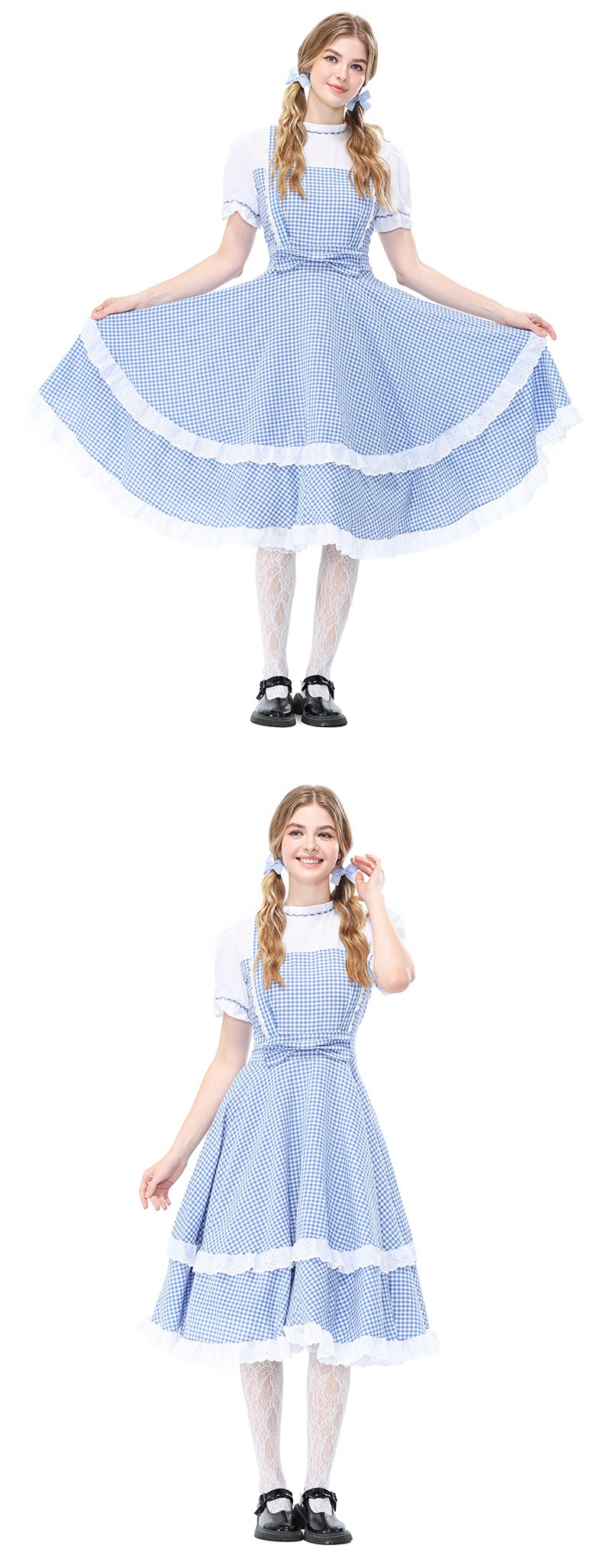 Retro Dorothy cosplay blue and white checkered faux two-piece dress, full skirt, Halloween costume, Guangzhou