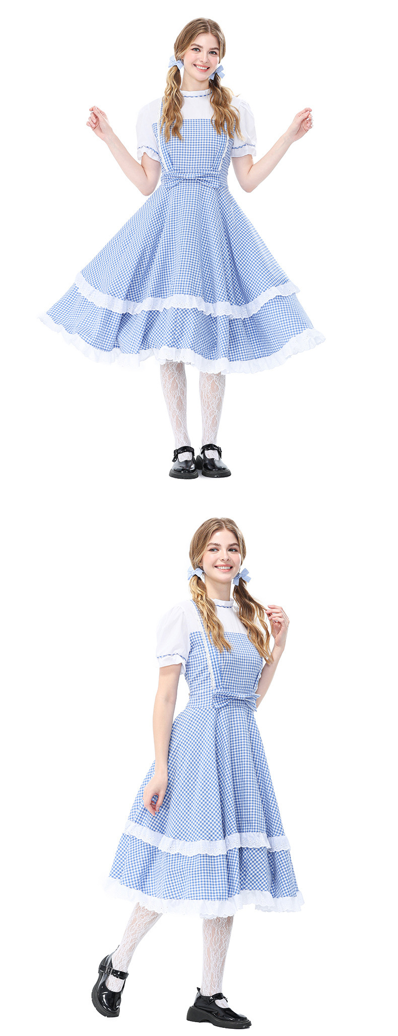 Retro Dorothy cosplay blue and white checkered faux two-piece dress, full skirt, Halloween costume, Guangzhou