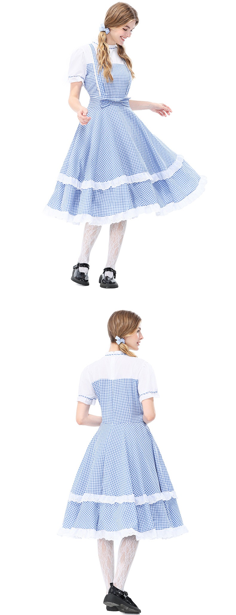 Retro Dorothy cosplay blue and white checkered faux two-piece dress, full skirt, Halloween costume, Guangzhou