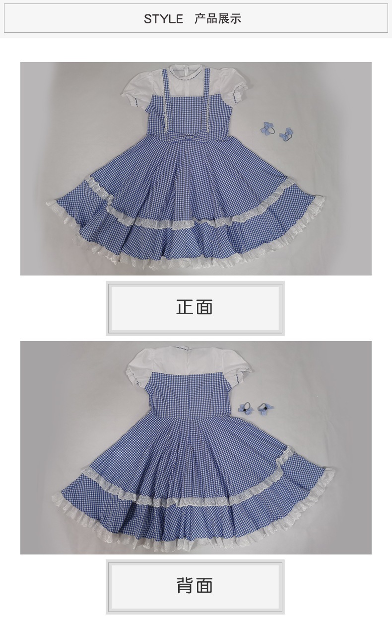 Retro Dorothy cosplay blue and white checkered faux two-piece dress, full skirt, Halloween costume, Guangzhou