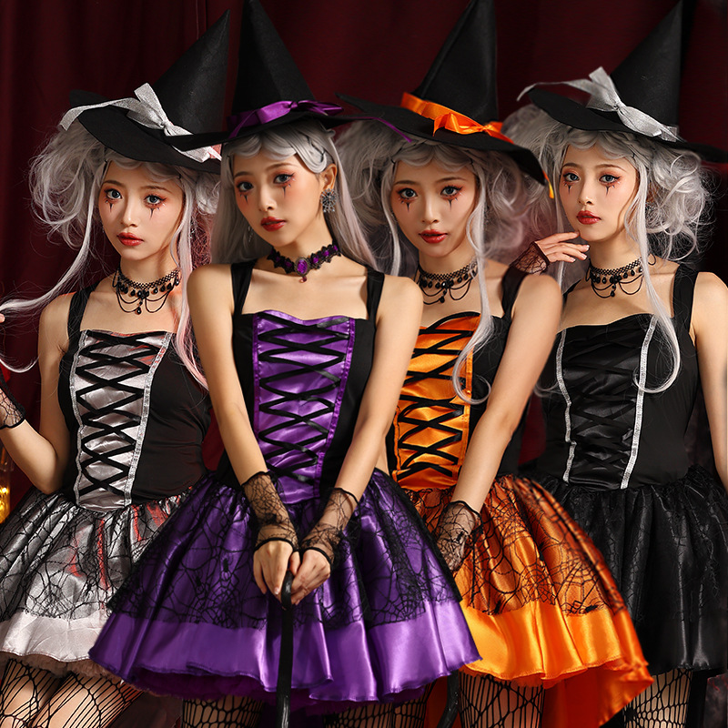 Multicolored witch mini skirt, sexy lace-up witch dress, Halloween party adult cosplay, witch costume.