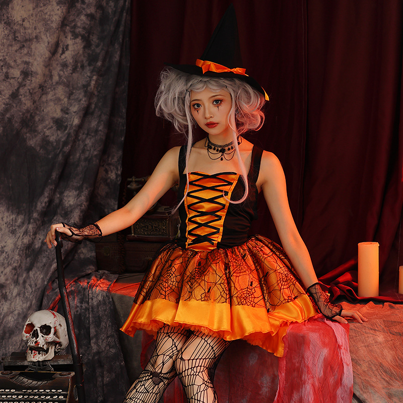 Multicolored witch mini skirt, sexy lace-up witch dress, Halloween party adult cosplay, witch costume.