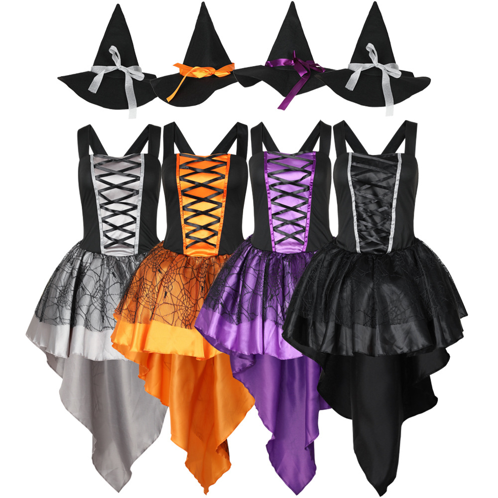 Multicolored witch mini skirt, sexy lace-up witch dress, Halloween party adult cosplay, witch costume.
