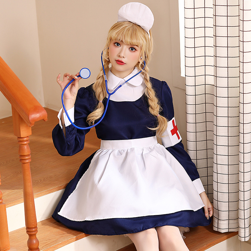 Children's Nurse Role-Playing Game Costume for Children's Day, Halloween Blue and White Maid Nurse Dress Stage Costume