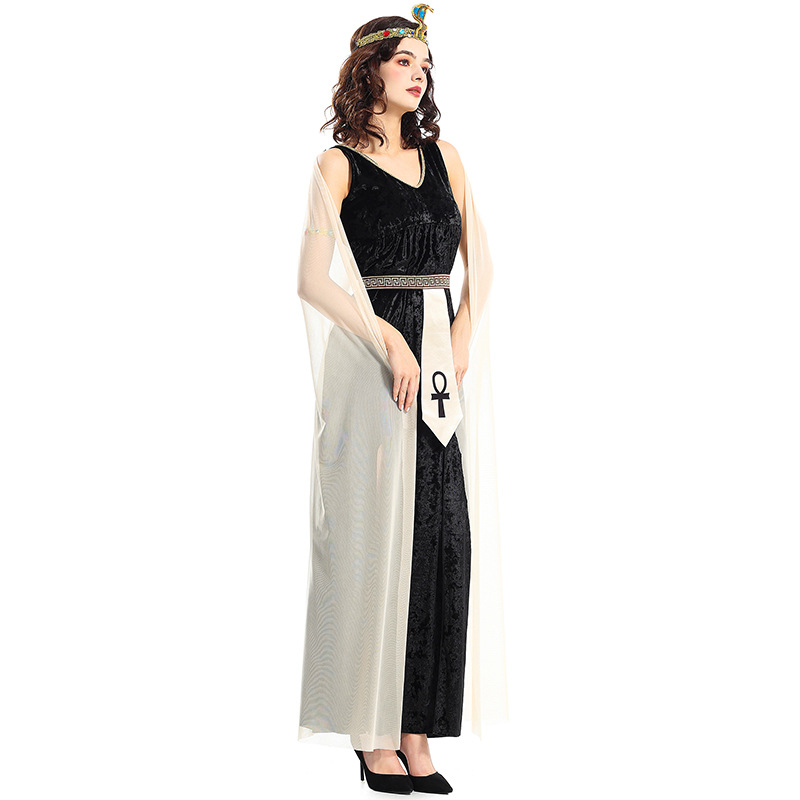 Cleopatra in a black velvet gown, a Halloween party cosplay costume.