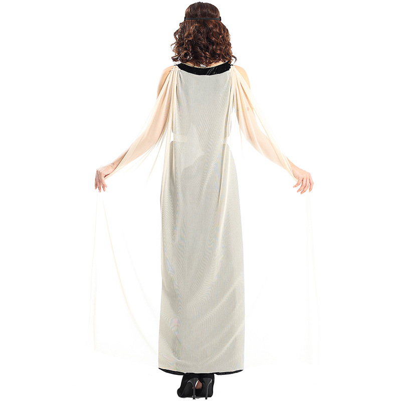 Cleopatra in a black velvet gown, a Halloween party cosplay costume.