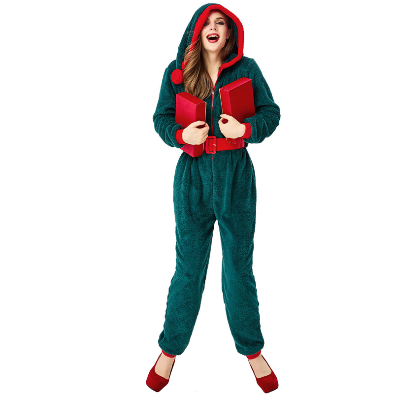 Christmas Costume Adult Female Cosplay Outfit Dark Green Santa Claus Home Bodysuit