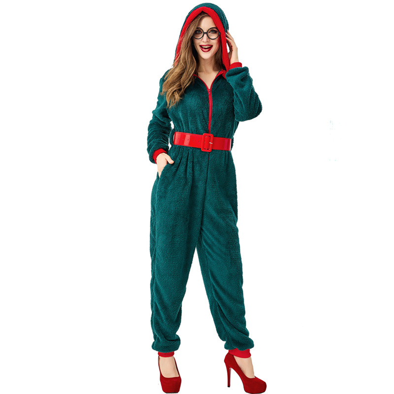 Christmas Costume Adult Female Cosplay Outfit Dark Green Santa Claus Home Bodysuit
