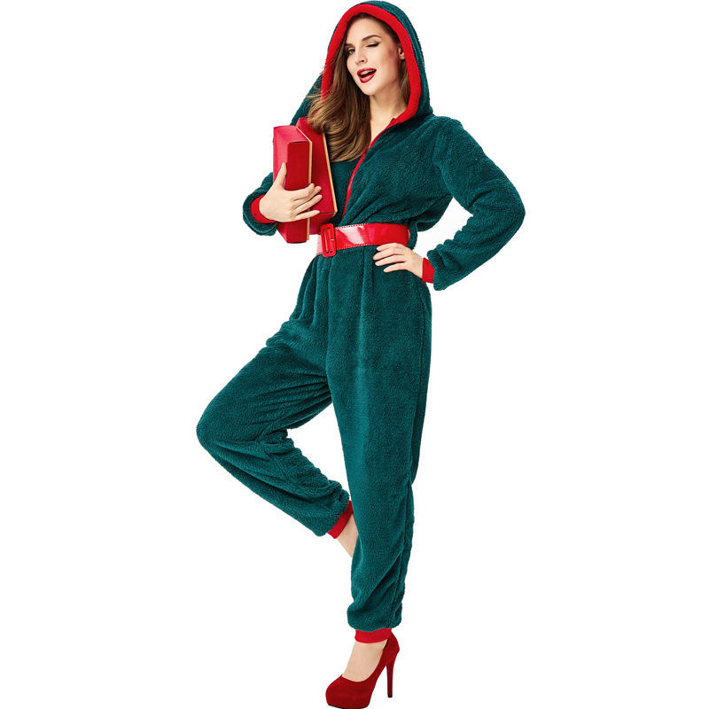 Christmas Costume Adult Female Cosplay Outfit Dark Green Santa Claus Home Bodysuit