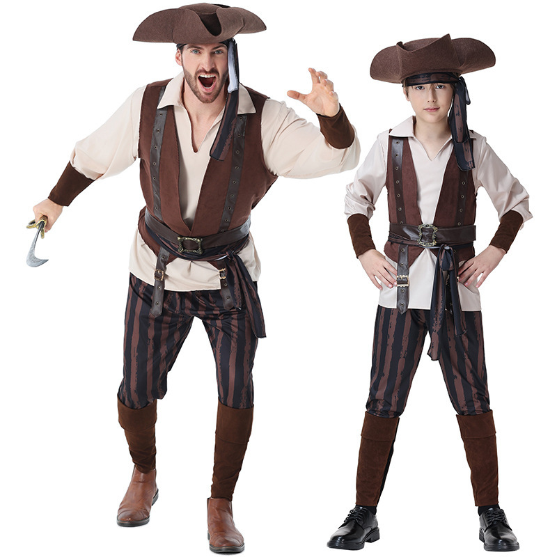 Captain Jack Sparrow Pirate Costume for Adults and Children - Halloween Caribbean Pirate Family Stage Performance Costume