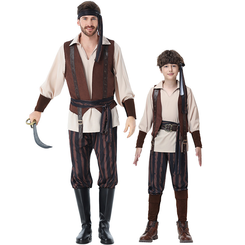 Captain Jack Sparrow Pirate Costume for Adults and Children - Halloween Caribbean Pirate Family Stage Performance Costume