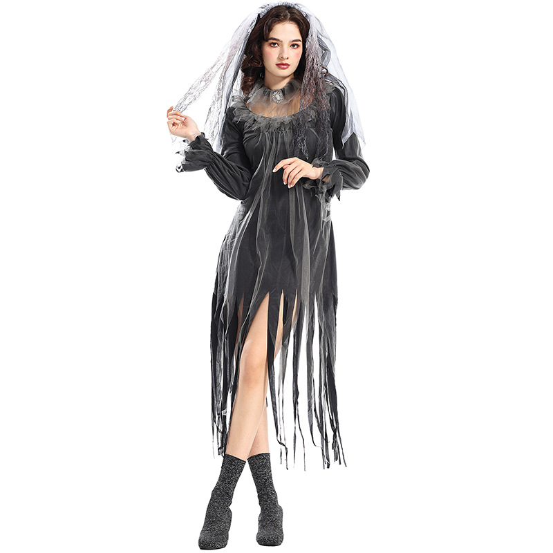 Halloween costume featuring a spooky, ghostly bride, a long, irregularly shaped tulle skirt, perfect for stage performances.