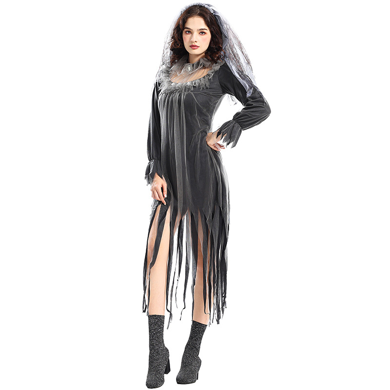 Halloween costume featuring a spooky, ghostly bride, a long, irregularly shaped tulle skirt, perfect for stage performances.