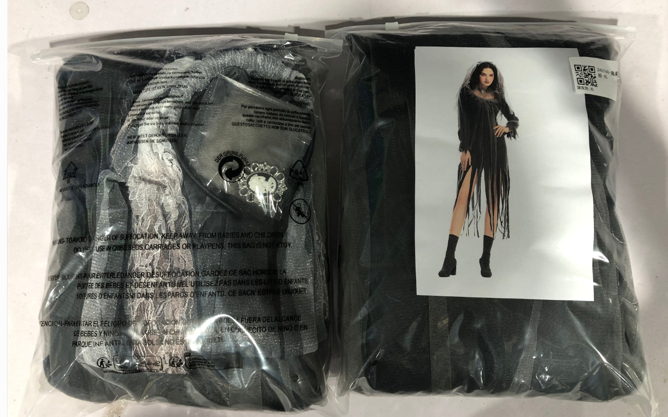 Halloween costume featuring a spooky, ghostly bride, a long, irregularly shaped tulle skirt, perfect for stage performances.