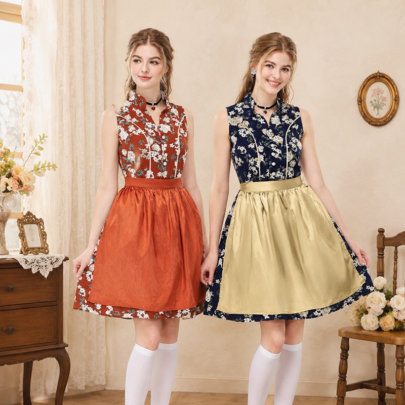 German Oktoberfest Retro Floral Sleeveless Dirndl Dress, Bavarian National Party Stage Performance Costume