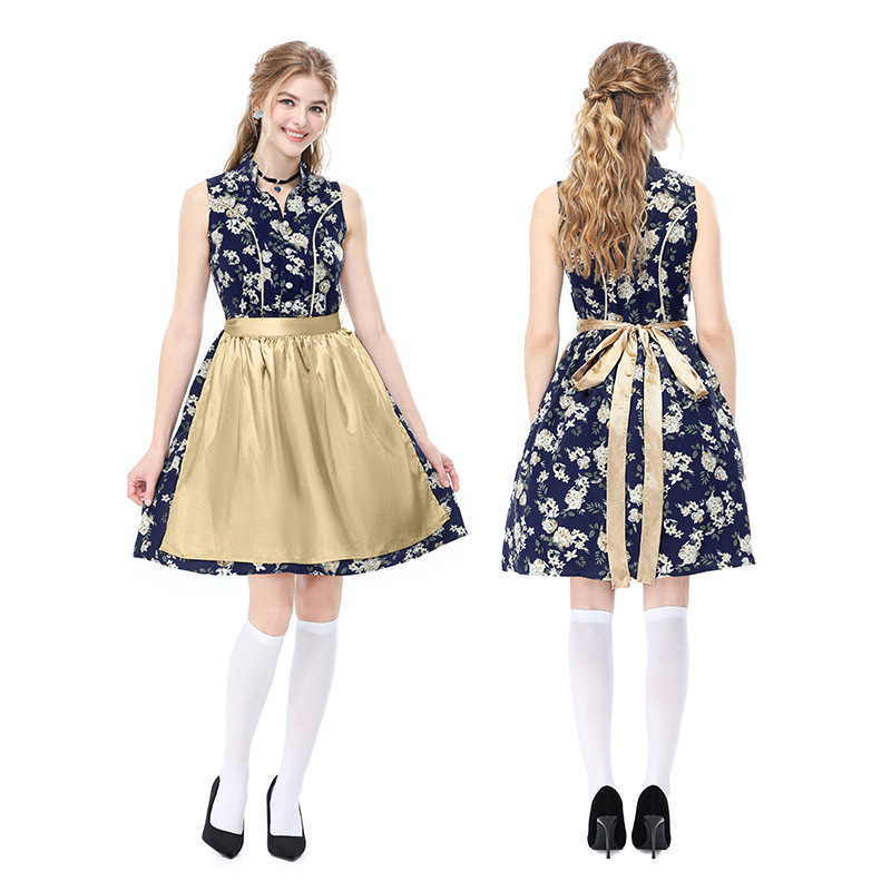 German Oktoberfest Retro Floral Sleeveless Dirndl Dress, Bavarian National Party Stage Performance Costume