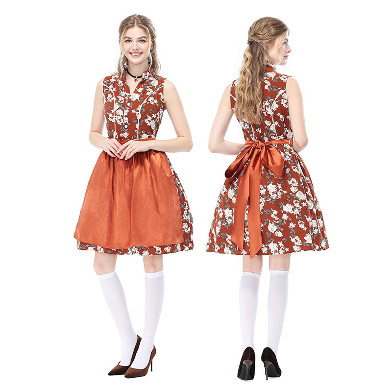German Oktoberfest Retro Floral Sleeveless Dirndl Dress, Bavarian National Party Stage Performance Costume