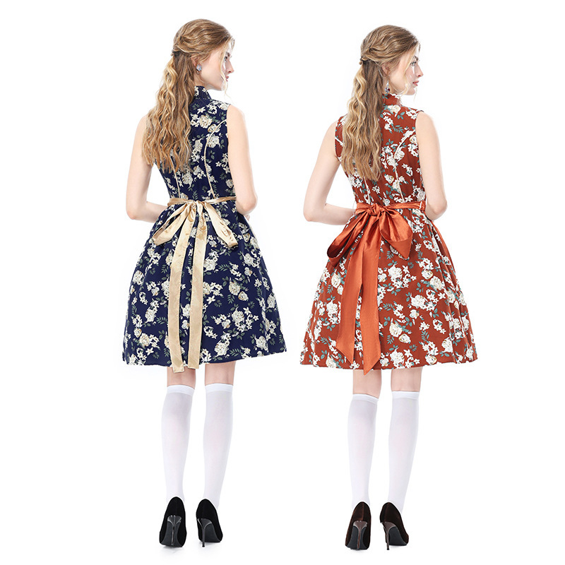 German Oktoberfest Retro Floral Sleeveless Dirndl Dress, Bavarian National Party Stage Performance Costume