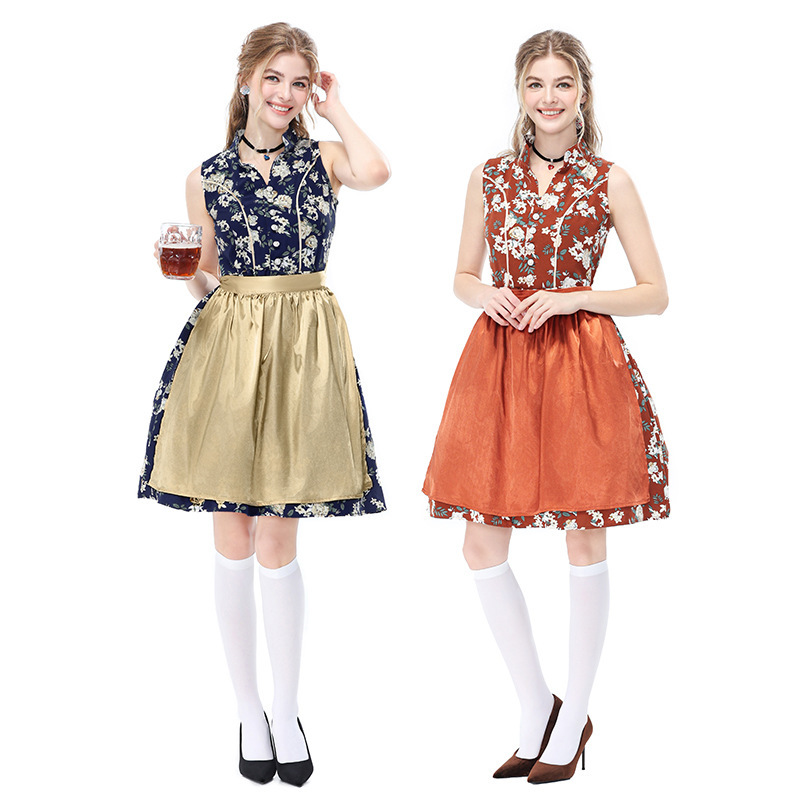 German Oktoberfest Retro Floral Sleeveless Dirndl Dress, Bavarian National Party Stage Performance Costume