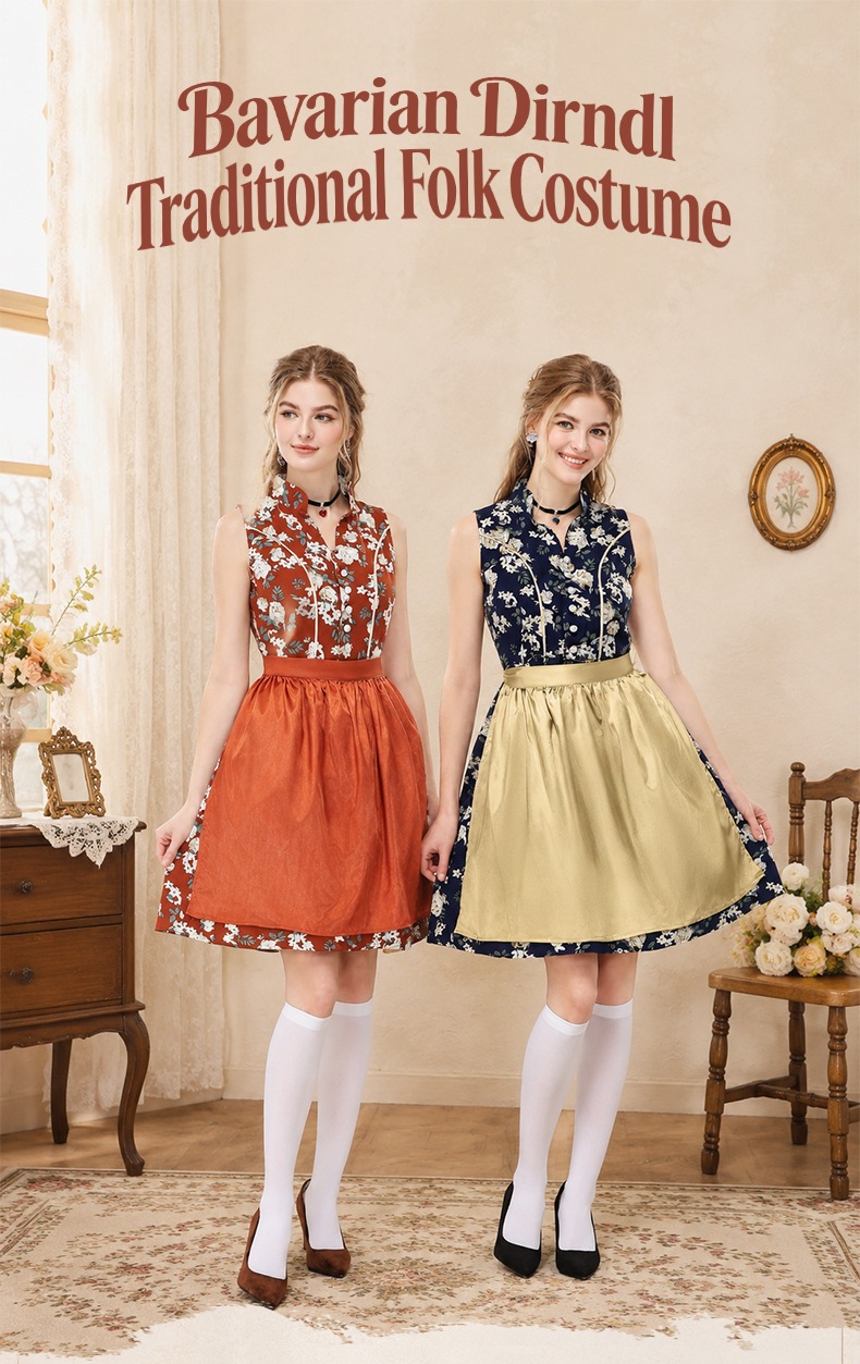 German Oktoberfest Retro Floral Sleeveless Dirndl Dress, Bavarian National Party Stage Performance Costume
