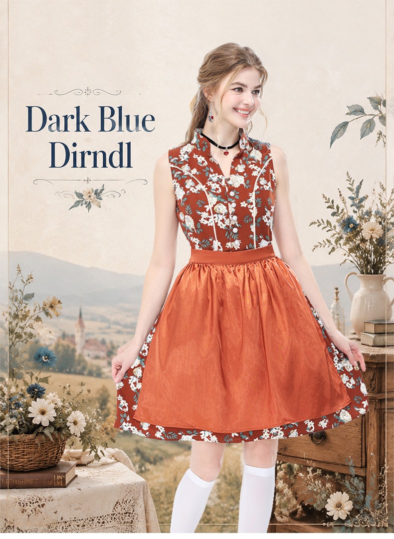 German Oktoberfest Retro Floral Sleeveless Dirndl Dress, Bavarian National Party Stage Performance Costume
