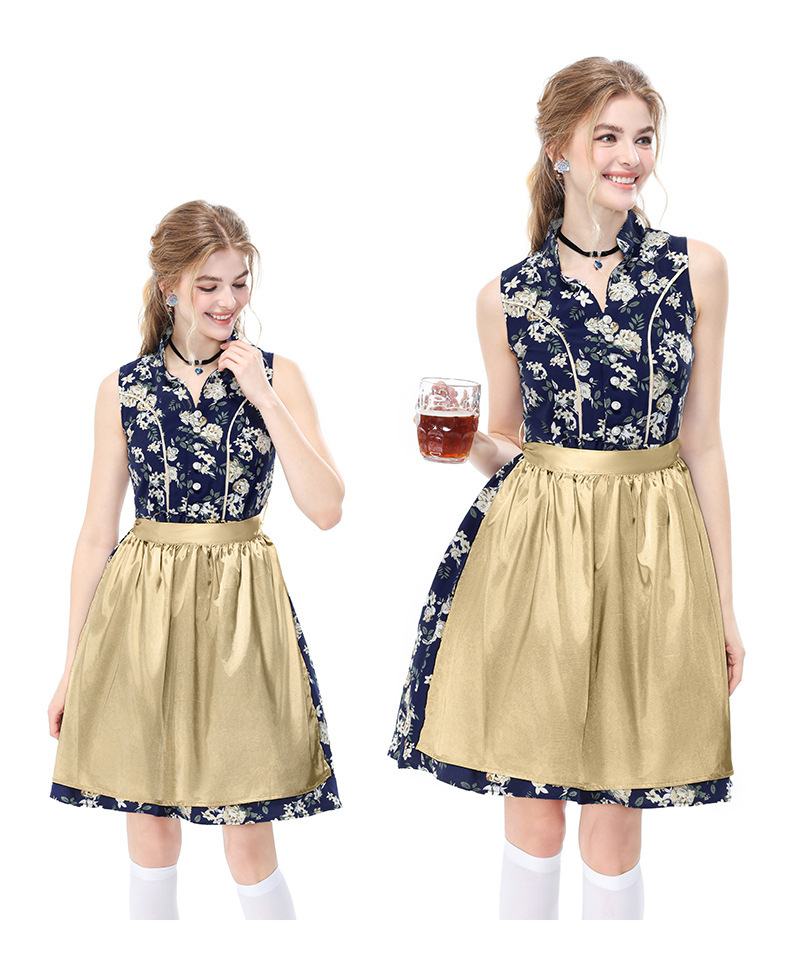 German Oktoberfest Retro Floral Sleeveless Dirndl Dress, Bavarian National Party Stage Performance Costume