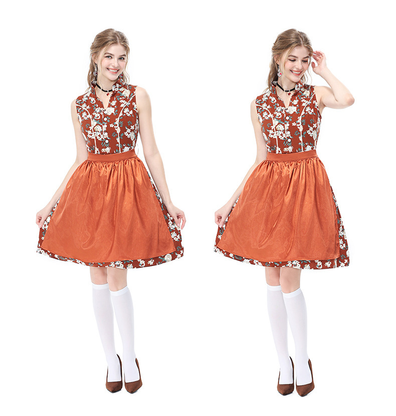 German Oktoberfest Retro Floral Sleeveless Dirndl Dress, Bavarian National Party Stage Performance Costume