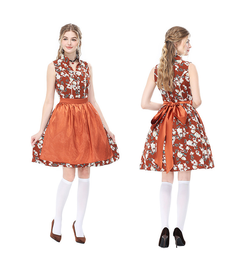 German Oktoberfest Retro Floral Sleeveless Dirndl Dress, Bavarian National Party Stage Performance Costume