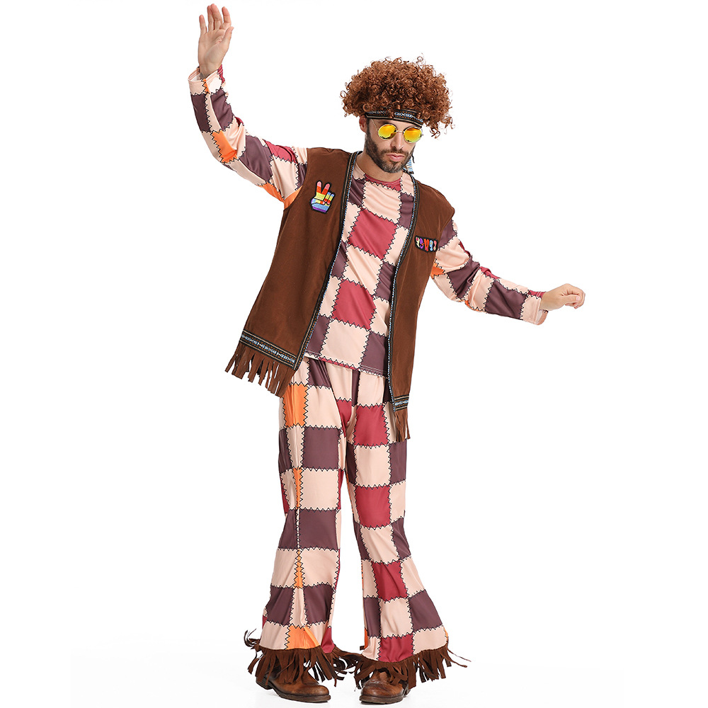 60s Retro Disco Hippie Outfit for Men: Tassel Vest, Plaid Bell-Bottom Pants, Party Performance Attire