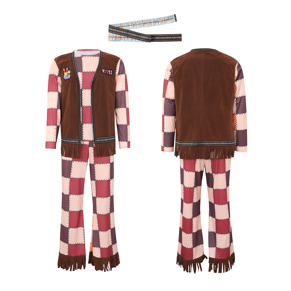 60s Retro Disco Hippie Outfit for Men: Tassel Vest, Plaid Bell-Bottom Pants, Party Performance Attire