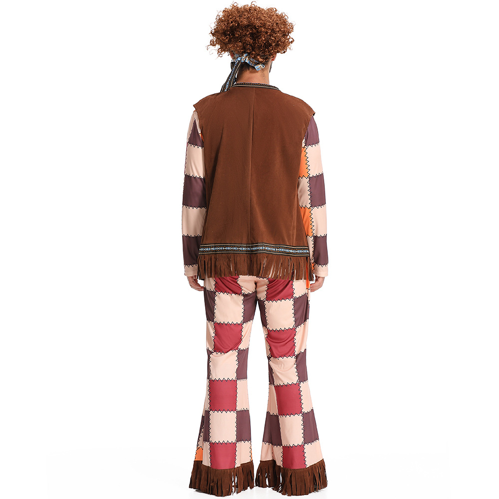 60s Retro Disco Hippie Outfit for Men: Tassel Vest, Plaid Bell-Bottom Pants, Party Performance Attire