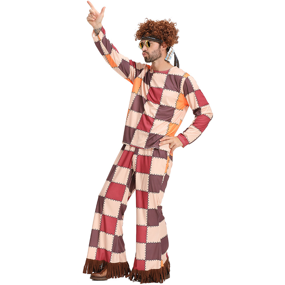 60s Retro Disco Hippie Outfit for Men: Tassel Vest, Plaid Bell-Bottom Pants, Party Performance Attire
