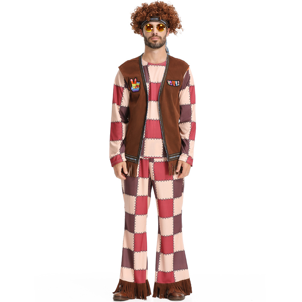 60s Retro Disco Hippie Outfit for Men: Tassel Vest, Plaid Bell-Bottom Pants, Party Performance Attire