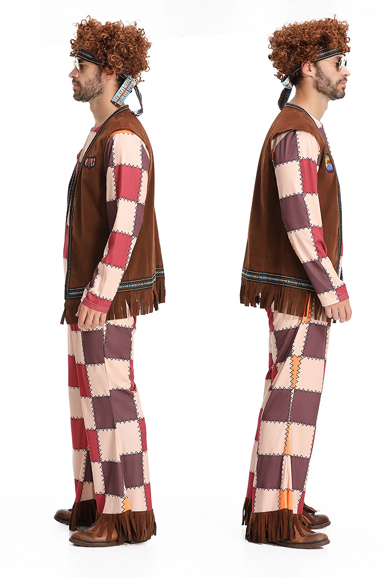 60s Retro Disco Hippie Outfit for Men: Tassel Vest, Plaid Bell-Bottom Pants, Party Performance Attire