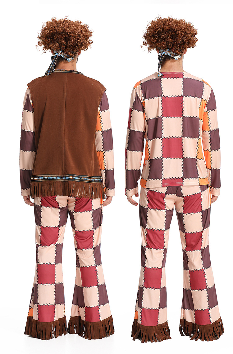 60s Retro Disco Hippie Outfit for Men: Tassel Vest, Plaid Bell-Bottom Pants, Party Performance Attire