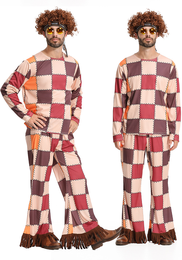 60s Retro Disco Hippie Outfit for Men: Tassel Vest, Plaid Bell-Bottom Pants, Party Performance Attire