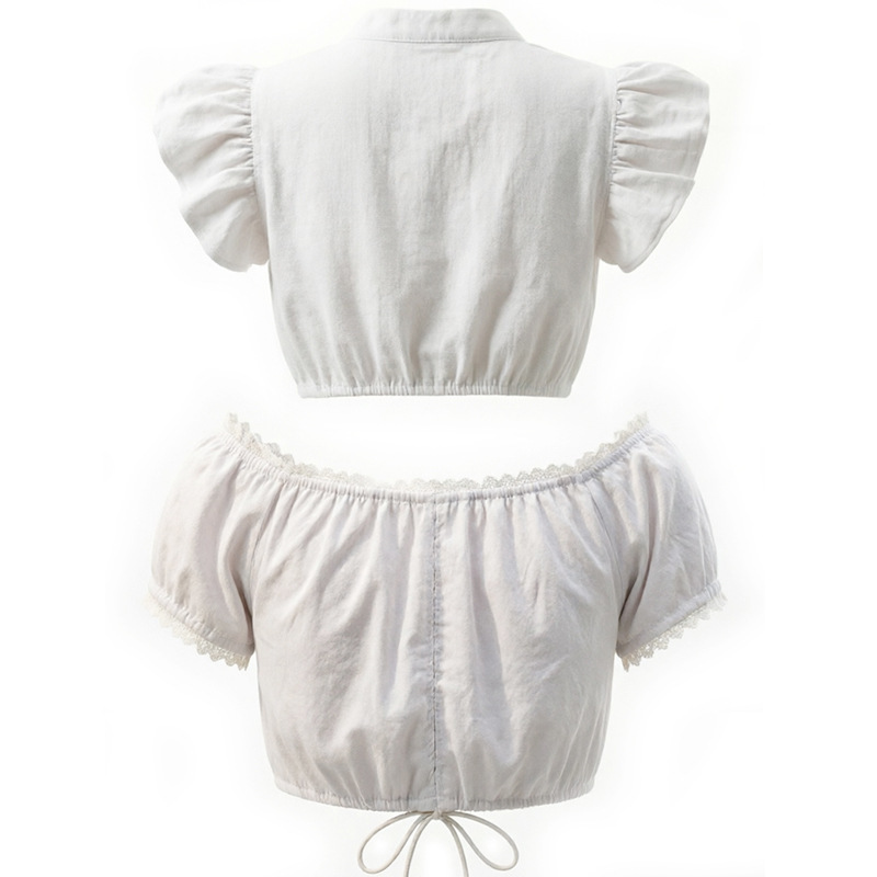 Retro-style cropped white top with ruffled sleeves and off-the-shoulder design, suitable for beer festival traditional attire as an inner layer.