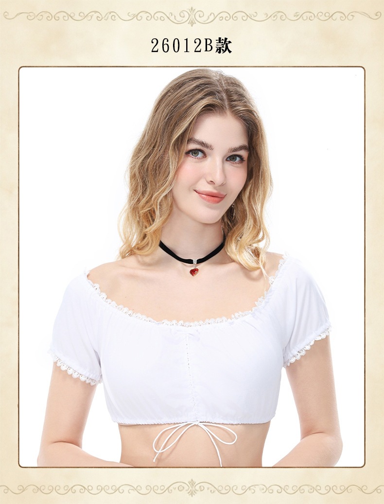 Retro-style cropped white top with ruffled sleeves and off-the-shoulder design, suitable for beer festival traditional attire as an inner layer.