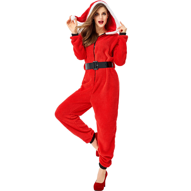 Women's Santa Claus Onesie Pajamas Plush Hooded Christmas Costume Set Holiday Party Role-Playing Costume
