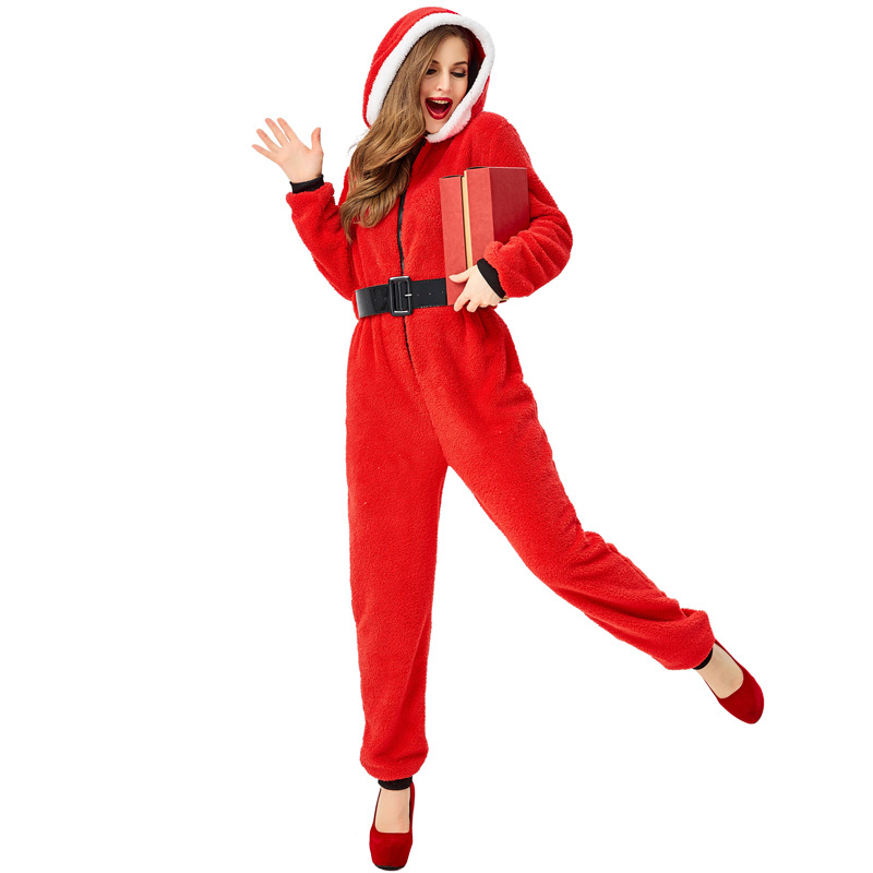 Women's Santa Claus Onesie Pajamas Plush Hooded Christmas Costume Set Holiday Party Role-Playing Costume