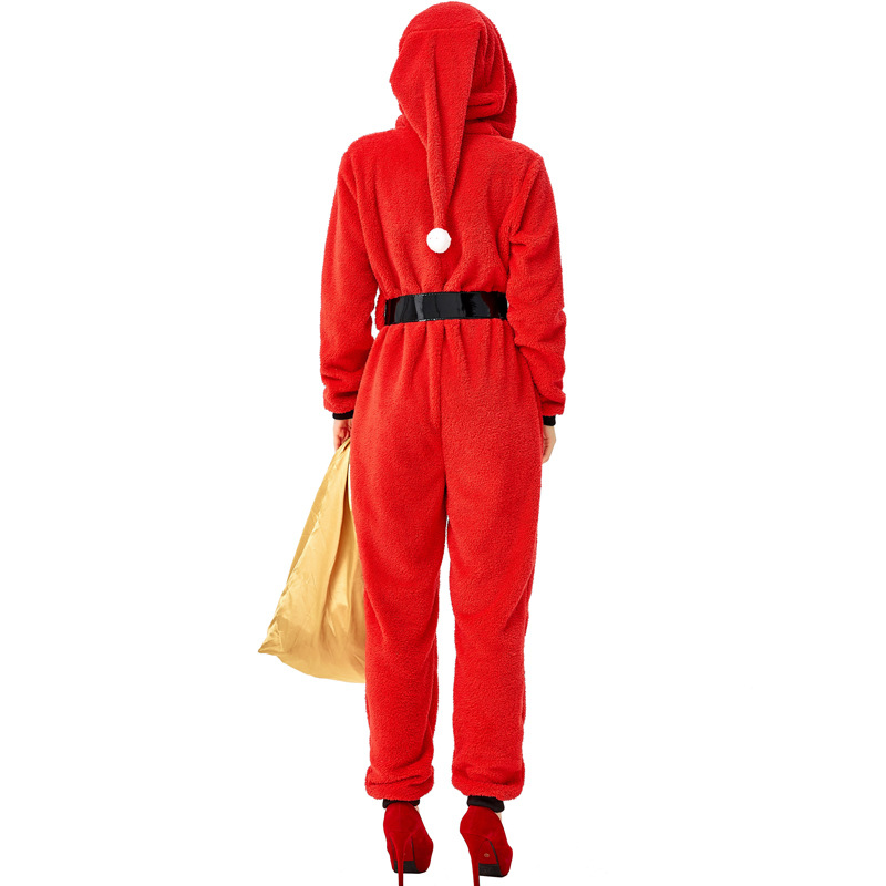 Women's Santa Claus Onesie Pajamas Plush Hooded Christmas Costume Set Holiday Party Role-Playing Costume